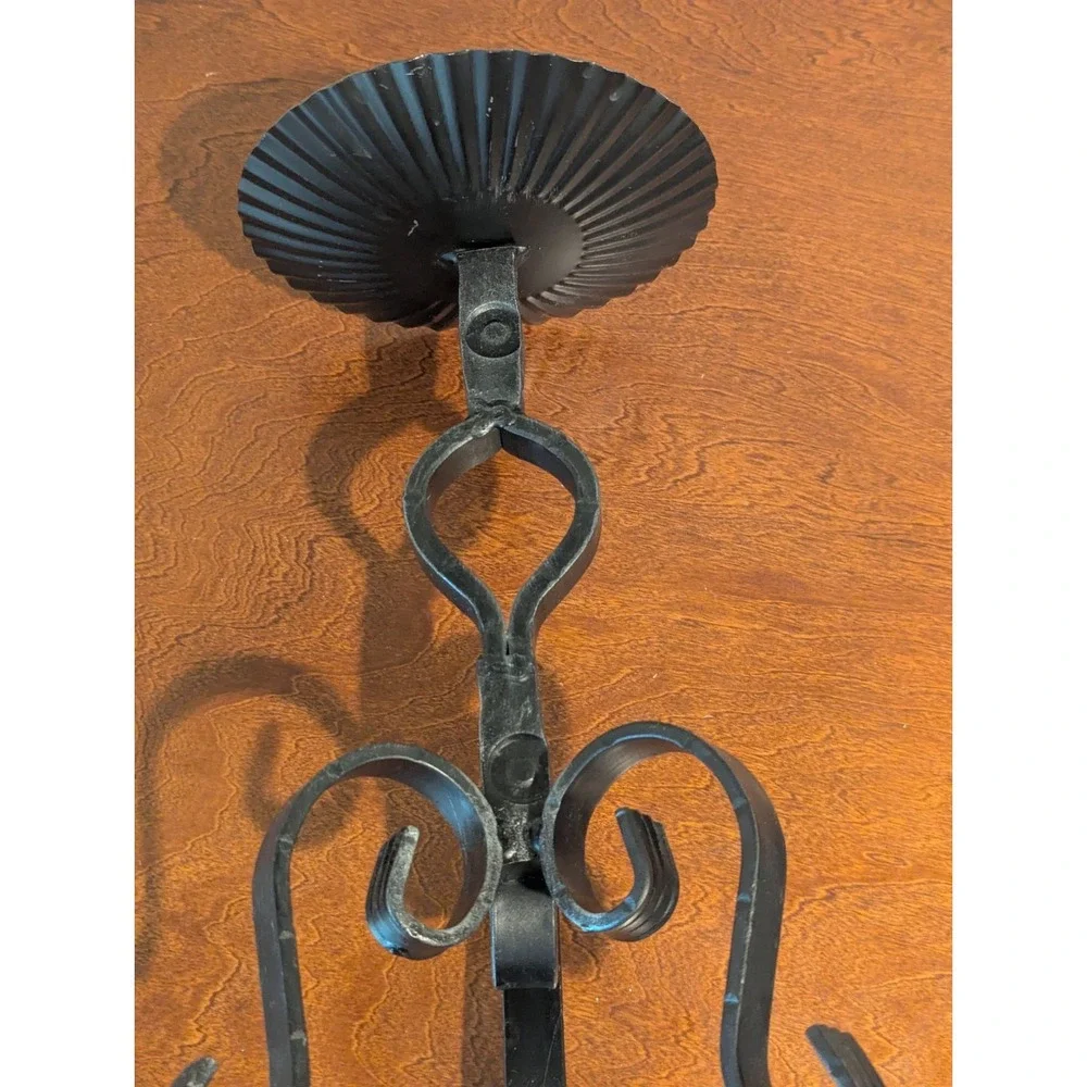 VTG Hand-Forged Black Iron Candle Holder Substantial Weight Scroll Design 13